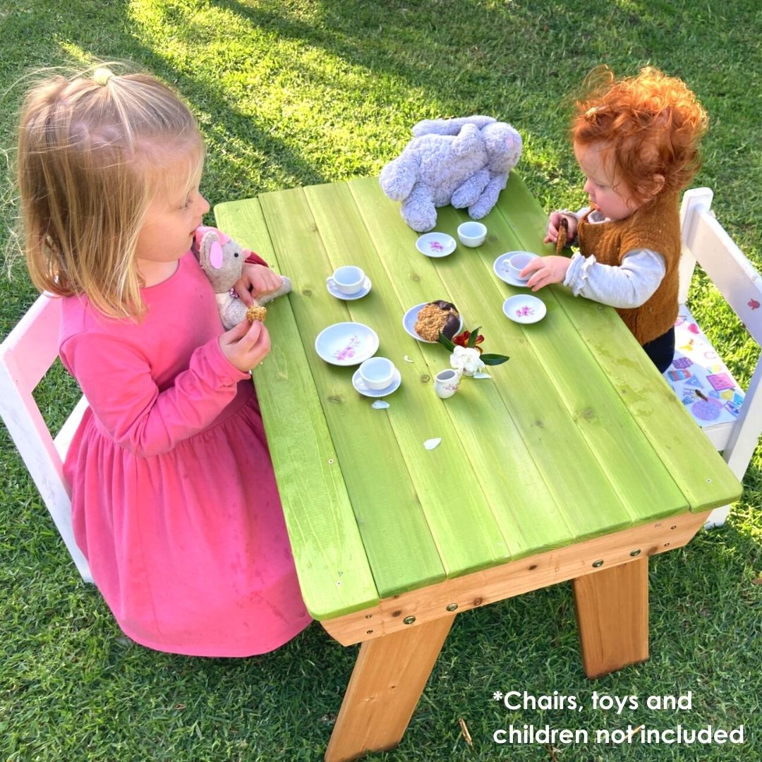 Busy Bubs Sand and Water Table with top closed two girls having a tea party
