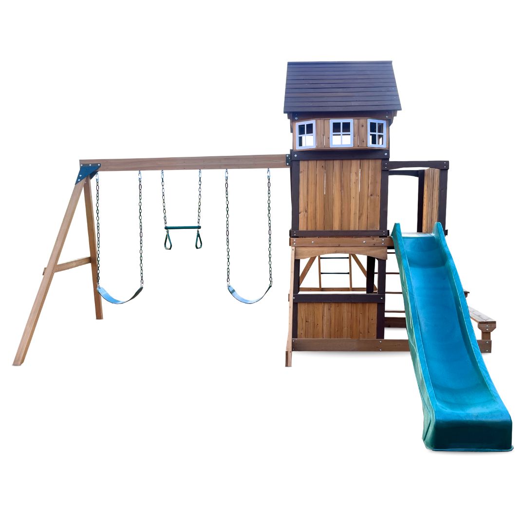 Country Corner Play Centre From Front Showing Slide And Play Fort Tower And Swing Set