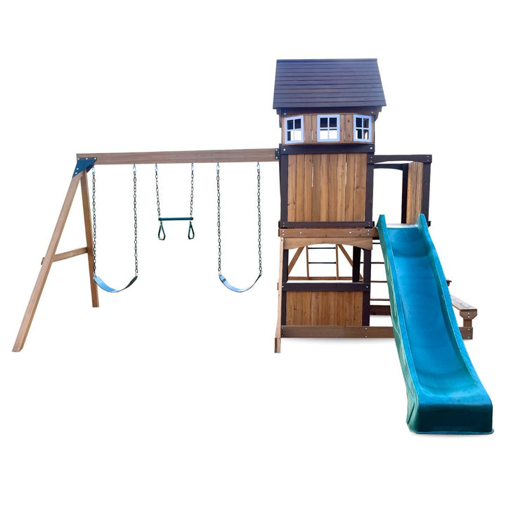 Country Corner Play Centre From Front Showing Slide And Play Fort Tower And Swing Set