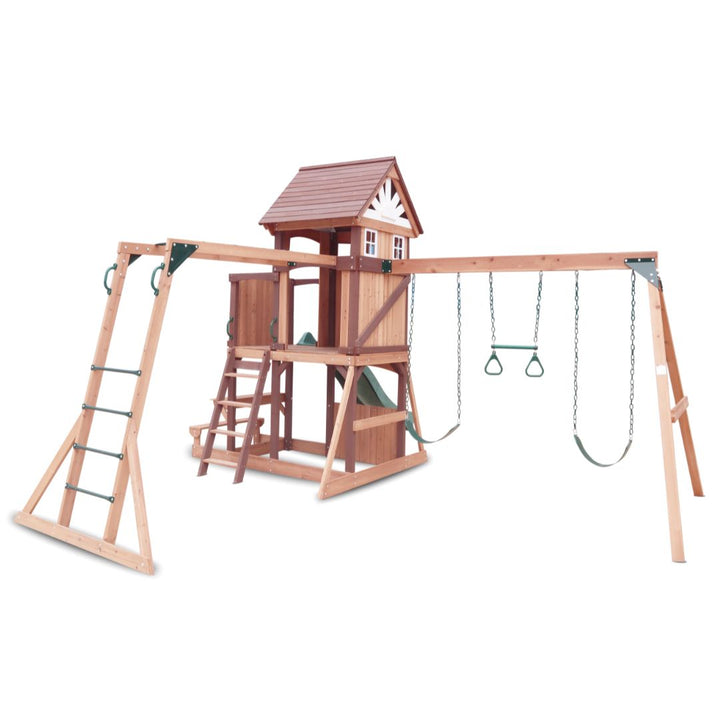 Country Corner Play Centre With Swing Set And Raised Play Fort And Monkey Bars