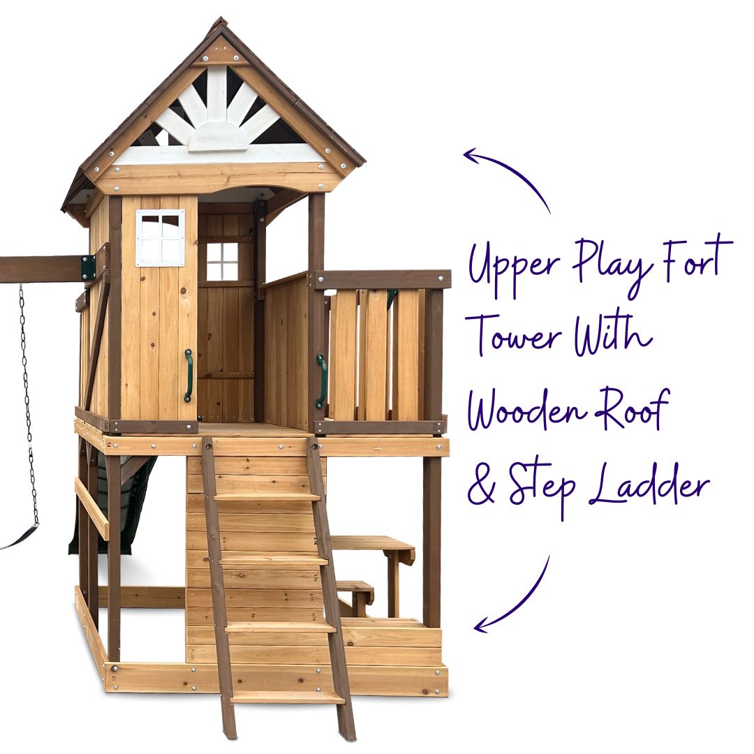 Homestead Play Centre With Upper Play Fort Tower With Wooden Roof And Step Ladder