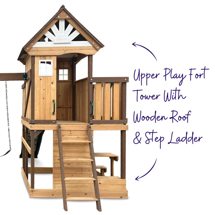 Homestead Play Centre With Upper Play Fort Tower With Wooden Roof And Step Ladder