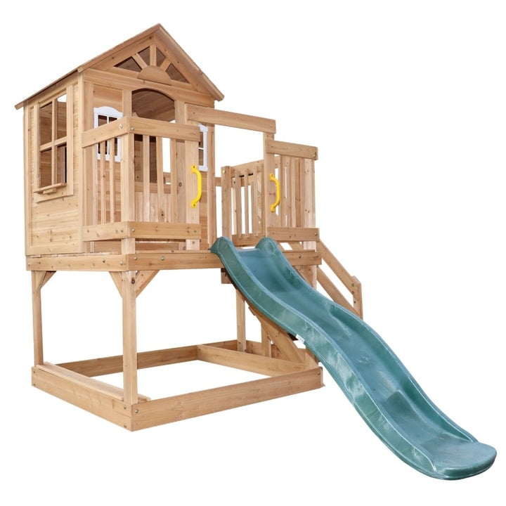 Lookout Landing Playhouse Front View Of Cubby Slide And Fence