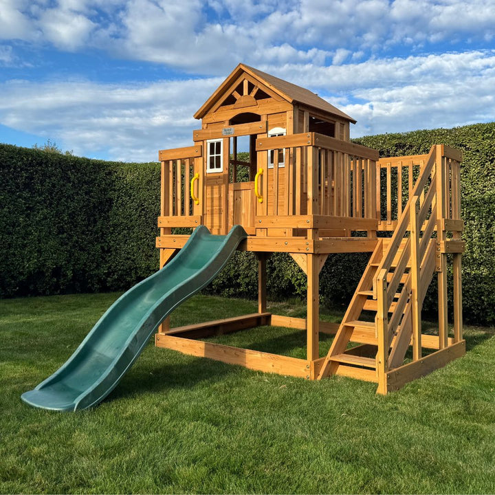 Lookout Landing Playhouse With 1.8m Slide In Backyard