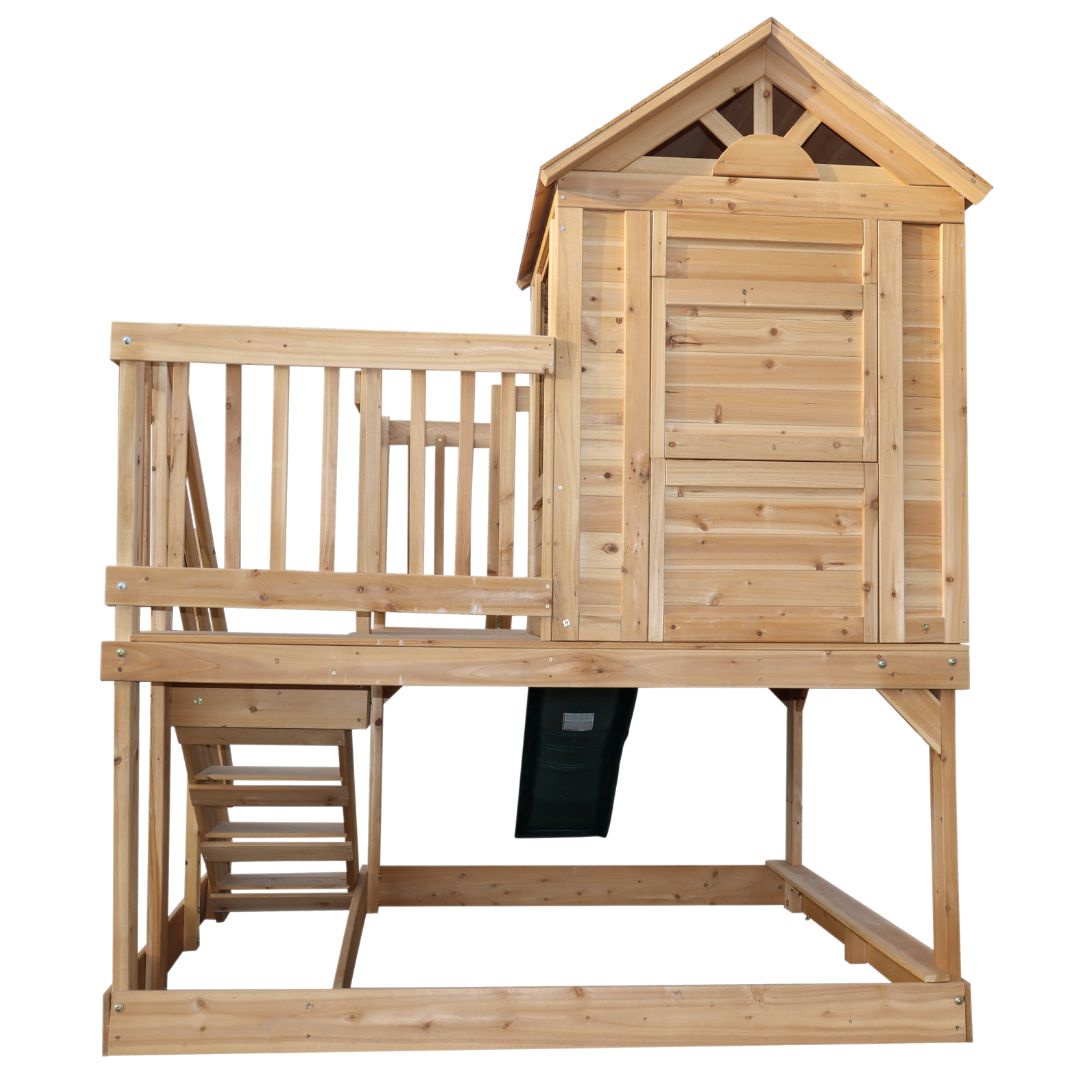 Lookout Landing Playhouse With Sandpit And 1.8m Slide Rear View