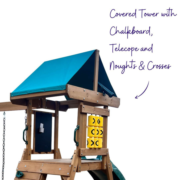 Rascal Play Centre With Covered Tower Chalkboard Telescope And Noughts And Crosses