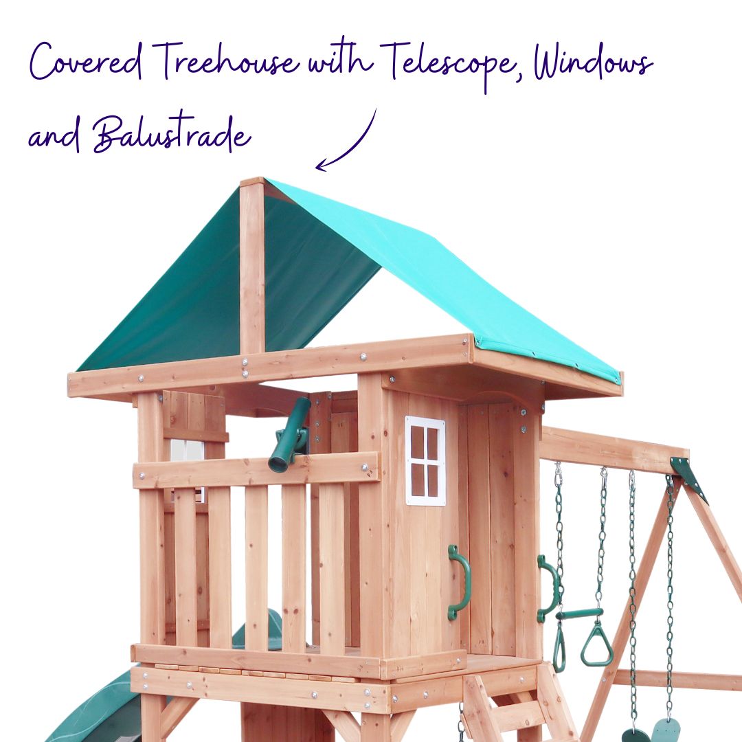 Trickster's Treehouse Play Centre With Covered Treehouse, Telescope, Windows And Balustrade