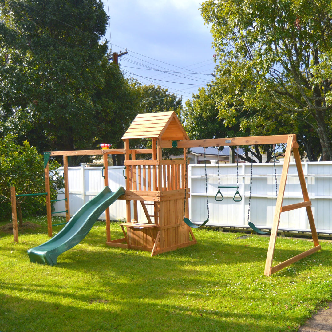 Woodland Play Centre With 2.2m Slide And Monkey Bars In Backyard