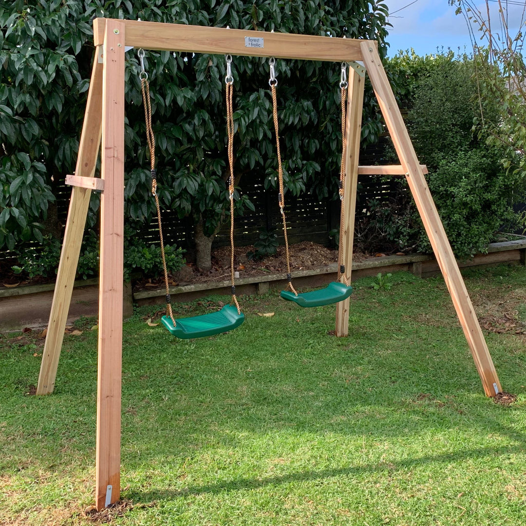Cloud Catcher 2-Station Timber Swing Set In Backyard Diagonal