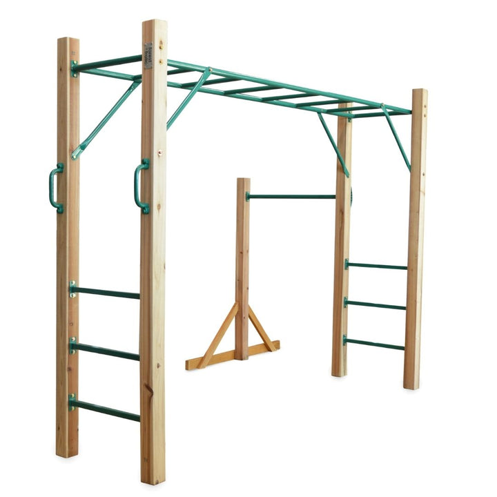 Natural wooden and green coloured steel monkey bar set with handles, shown on a plain white background with a smaller gymnastics' sidebar at the rear of the set. Photo was taken from eye level of an adult. 