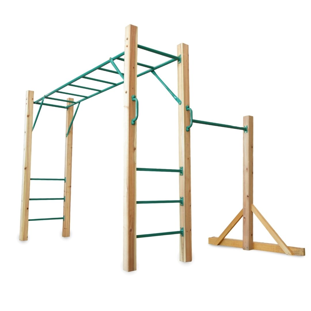 Natural wooden home monkey bar set with green steel metal bars and ladders, shown on a plain white background.