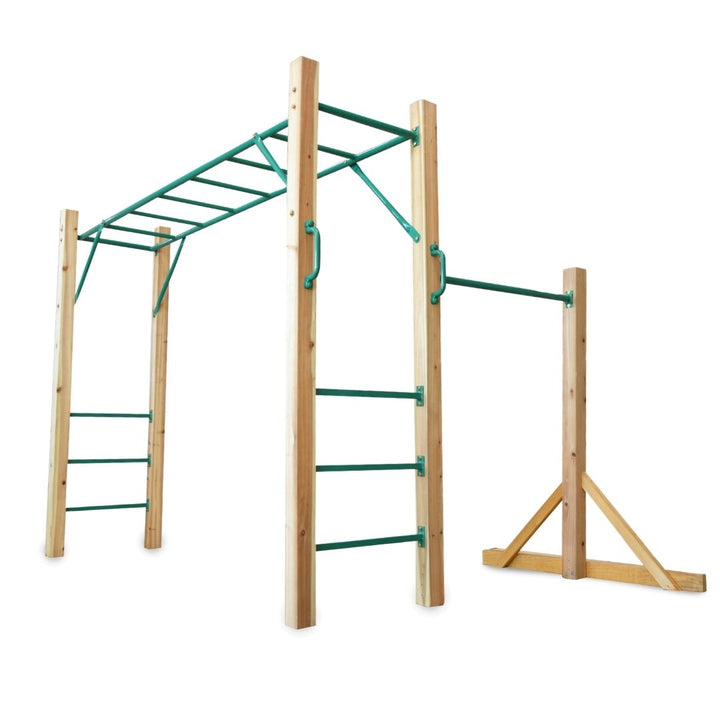 Natural wooden home monkey bar set with green steel metal bars and ladders, shown on a plain white background.