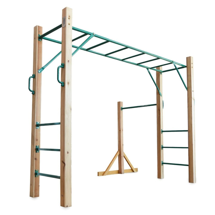 Natural wooden and green coloured steel monkey bar set with handles, shown on a plain white background with a smaller gymnastics' sidebar at the rear of the set. Photo taken from ground level.