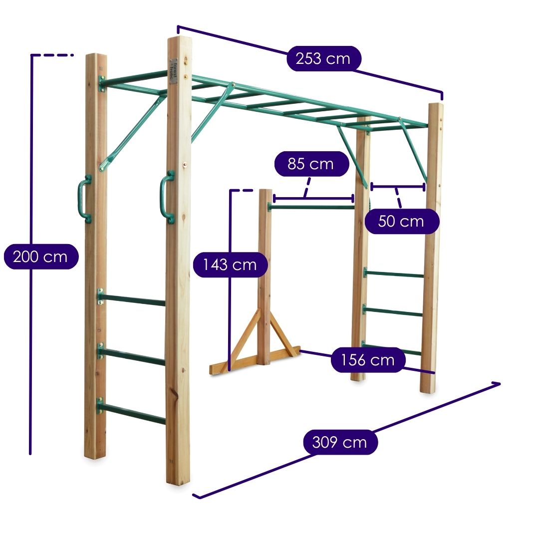 Wooden and green metal outdoor monkey bar set with measurement callouts showing dimensions in centimeters on a white background.