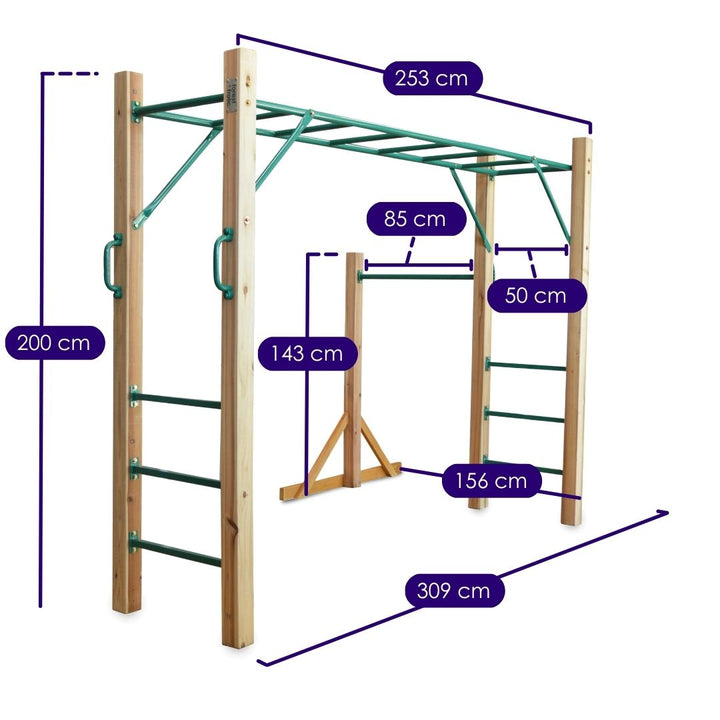 Wooden and green metal outdoor monkey bar set with measurement callouts showing dimensions in centimeters on a white background.
