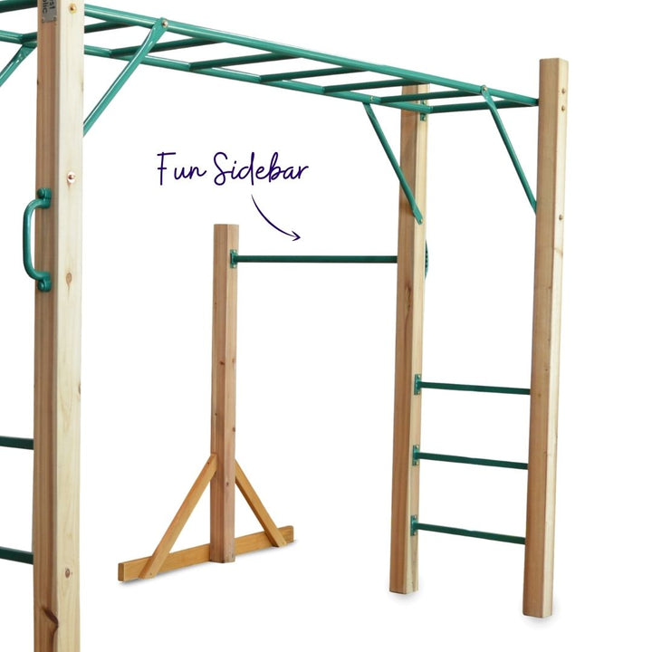 Natural wood and green metal outdoor play structure with a monkey bar frame, ladder, and a separate freestanding support piece labeled 'Fun Sidebar' on a white background.