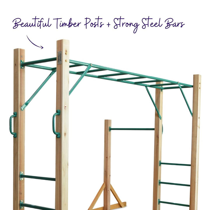 A wooden and steel monkey bar set with natural wooden posts and green steel bars and handles, shown on a white background with purple text overlay reading 'Beautiful Timber Posts + Strong Steel Bars'.