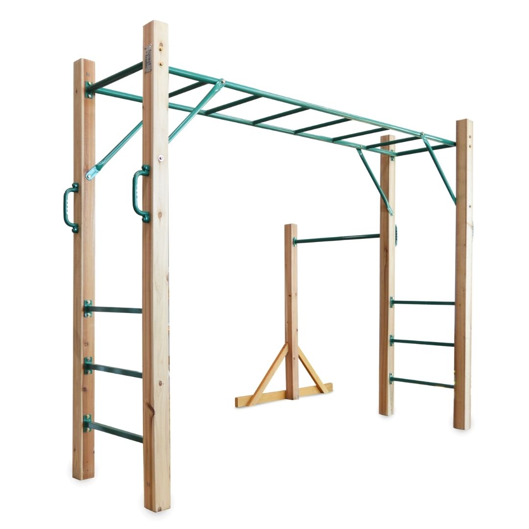 Natural wooden and green coloured steel monkey bar set with handles, shown on a plain white background with a smaller gymnastics' sidebar at the rear of the set. 