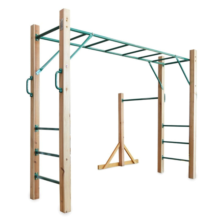 Natural wooden and green coloured steel monkey bar set with handles, shown on a plain white background with a smaller gymnastics' sidebar at the rear of the set. 