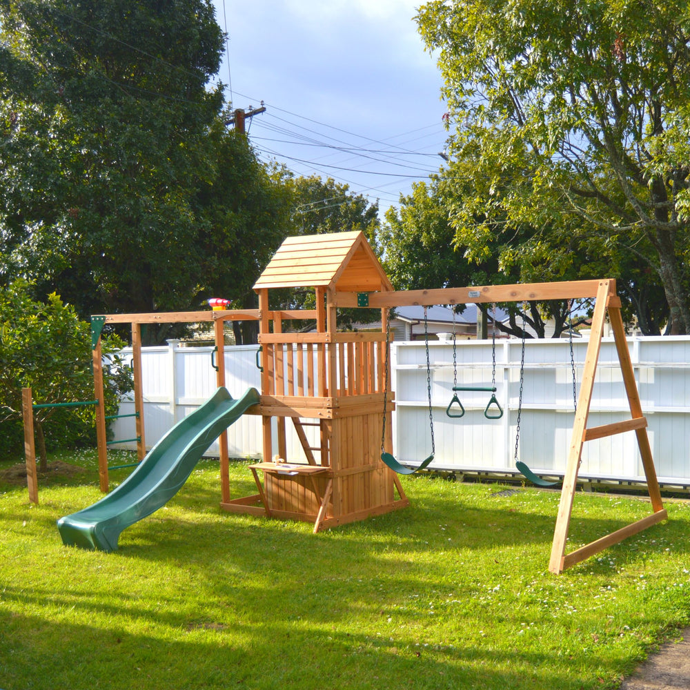 Woodland Play Centre With 2.2m Slide And Monkey Bars In Backyard
