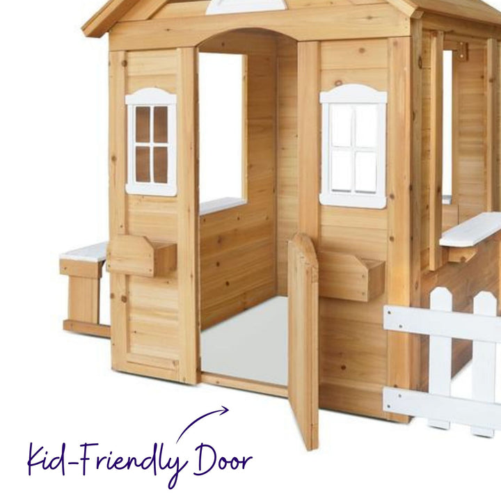 Clare's Cubby Playhouse Natural Close Up Shot of Kid-Friendly Front Door