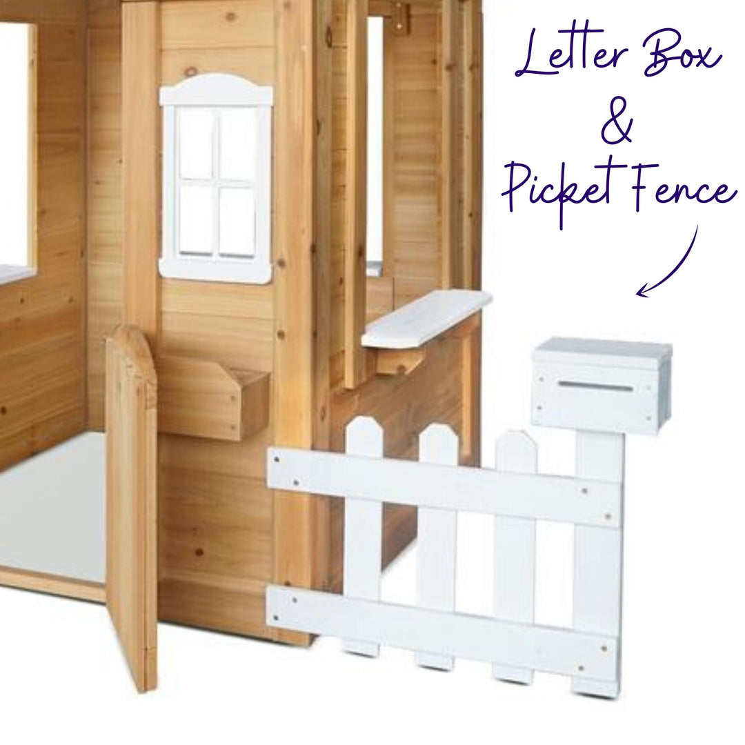 Clare's Cubby Playhouse Natural with Letterbox and Picket Fence