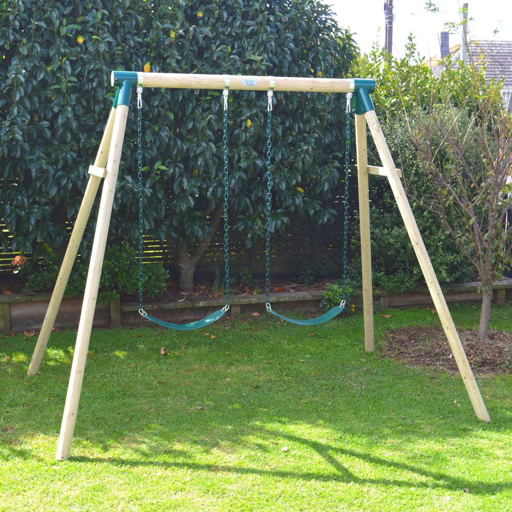 High Flyer 2-Station Timber Swing Set In Backyard