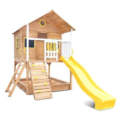 Ranger Playhouse front and side view with slide, climbing wall, steps, noughts and crosses